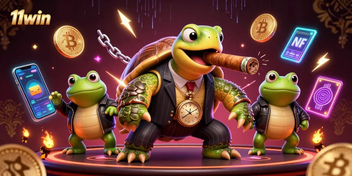 Experience thrilling moments with 11win as cartoon characters engage in dynamic gambling action amidst floating crypto symbols.