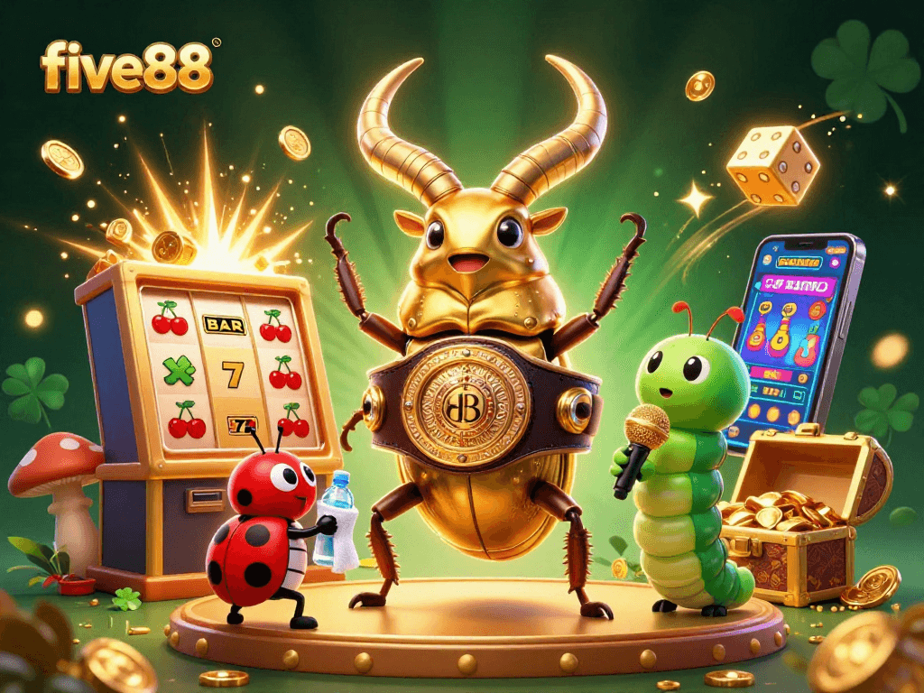 Engage with five88's exciting casino vibes with cartoon characters, vibrant winnings, and a jackpot celebration.