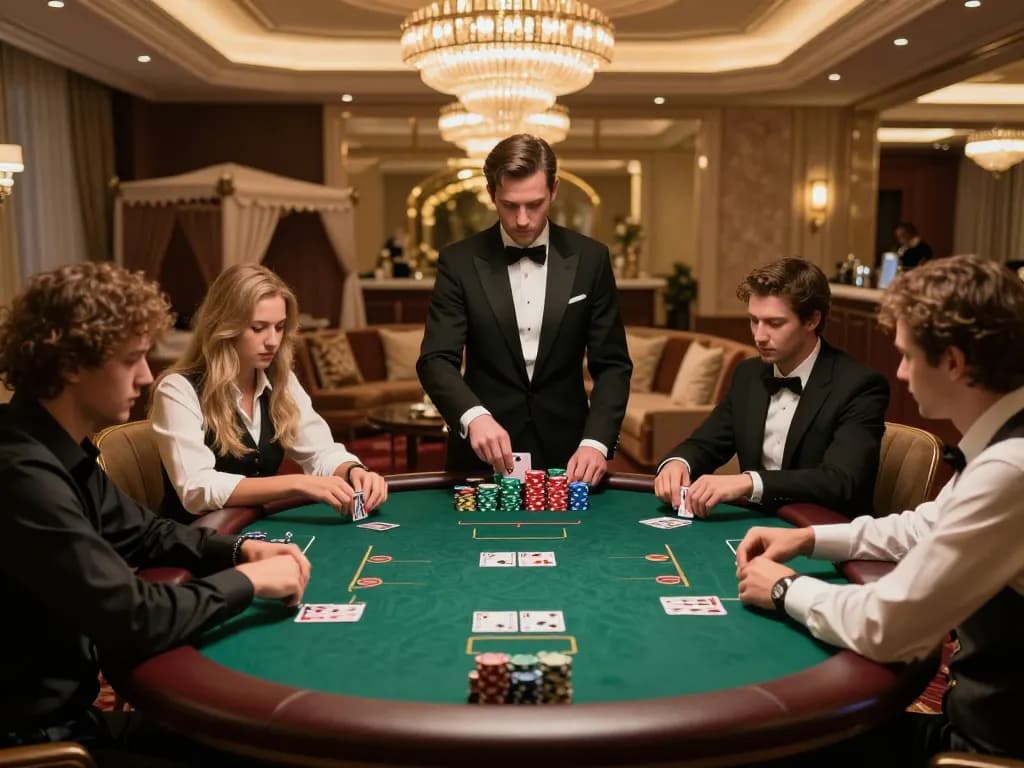 Players engaging in an intense poker match at mb66-t, showcasing strategy and excitement in an upscale casino setting.