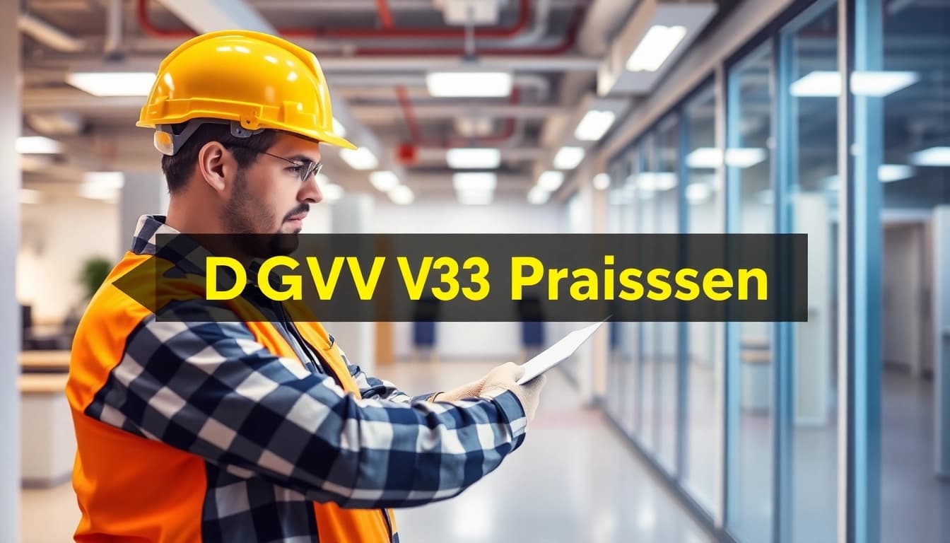 Highlighting a DGUV V3 Prüfung in progress, showcasing an electrician ensuring safety compliance with equipment in a modern office.