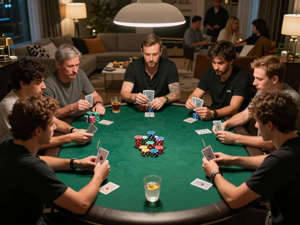 Players strategizing in an intense poker game while enjoying home entertainment with sc 88-themed decor.