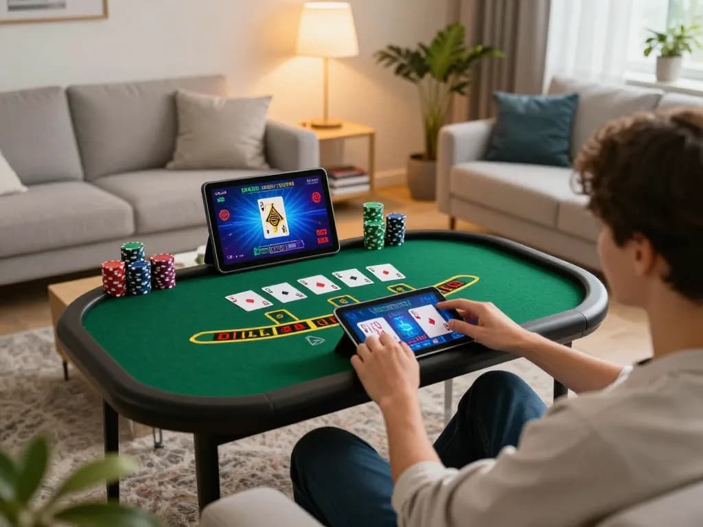 Engaging scene of a luxury home with a player enjoying blackjack on a tablet, showcasing bj88bj home gaming.