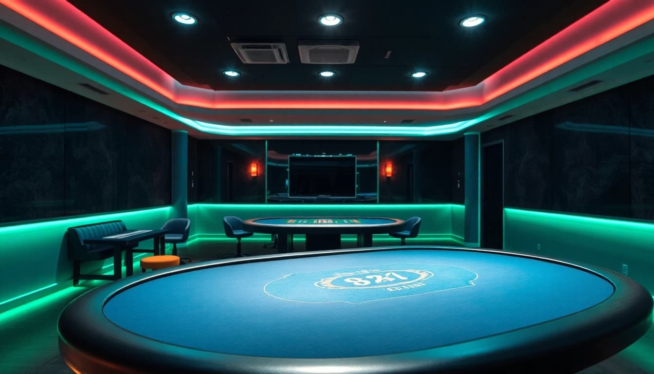 Spielen im Kasino ohne Anmeldung: Ein stilvoller Spieltisch mit bunten Chips und Karten.
