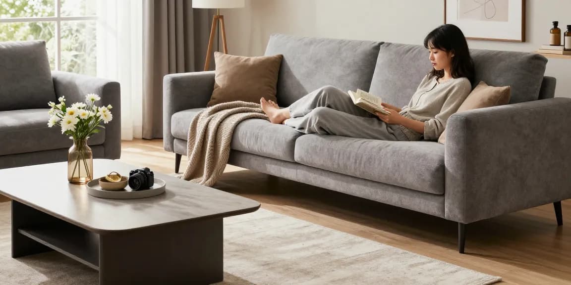 Ein modernes Wohnzimmer mit stilvollen Möbeln für möbel direkt bestellen, das ein gemütliches graues Sofa und lebendige Dekorelemente präsentiert.