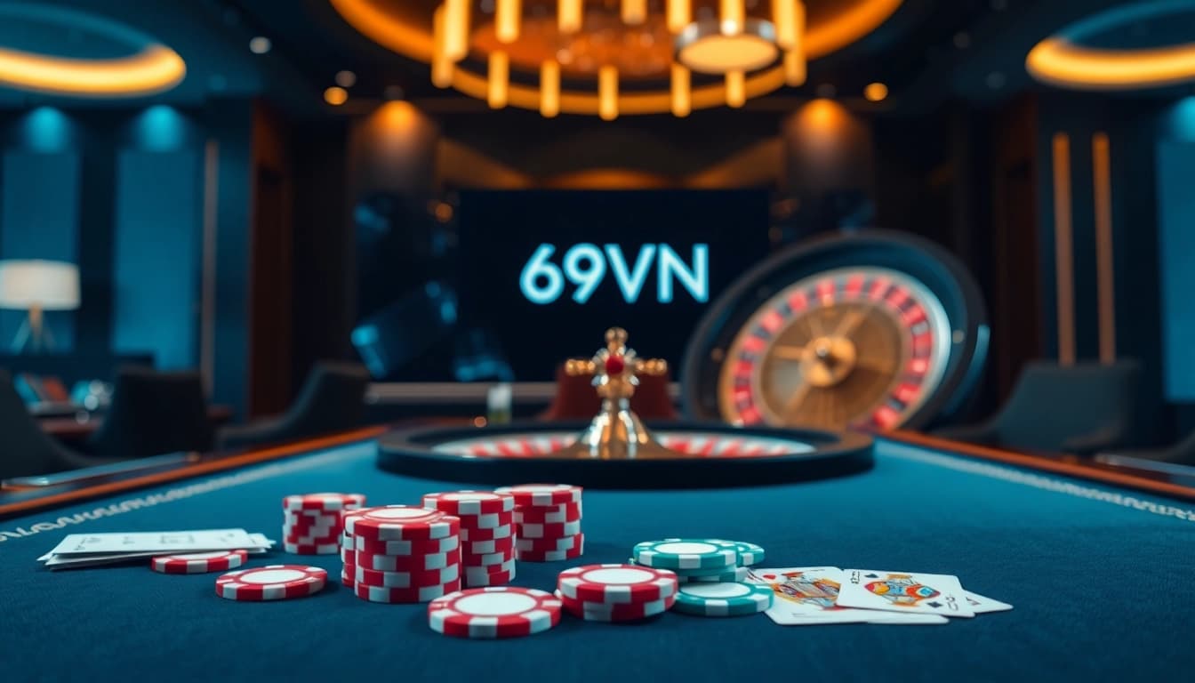 Playing cards and chips are visible on a 69VN casino table, showcasing excitement in gambling.