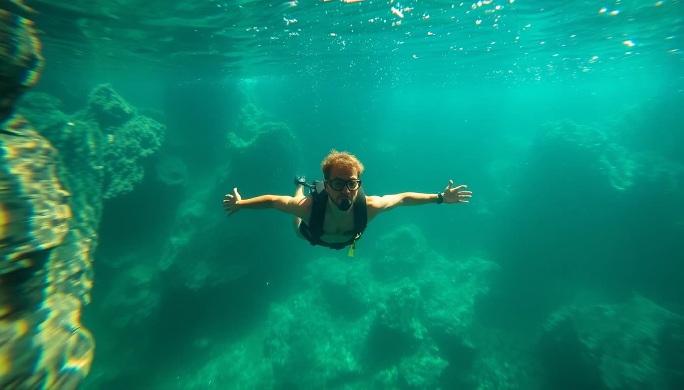 Tauchen Cenotes: Taucher erkundet eine faszinierende Cenote mit kristallklarem Wasser und beeindruckenden Felsen.