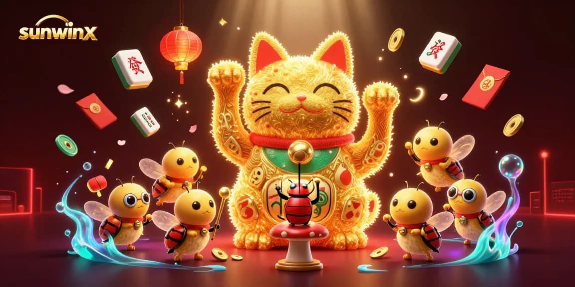 Experience big wins with the sunwinx giant lucky cat, surrounded by vibrant casino elements.
