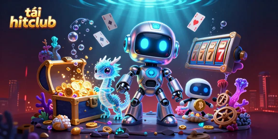 Tải hitclub game features a vibrant 3D illustration with a cyberpunk robot, holographic dragon, and bitcoin drone amid casino elements.