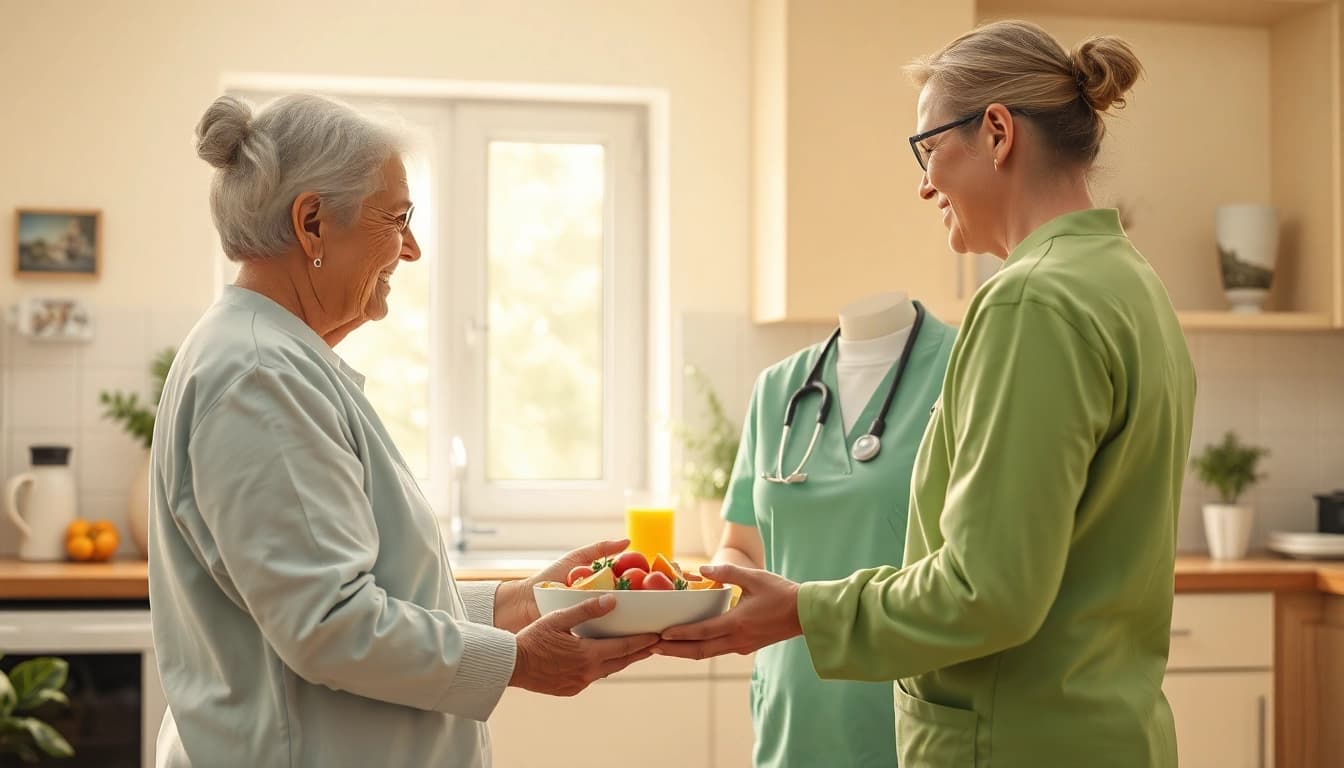 Pflegedienst: Eine Pflegekraft unterstützt liebevoll einen älteren Menschen bei der Zubereitung einer Mahlzeit.
