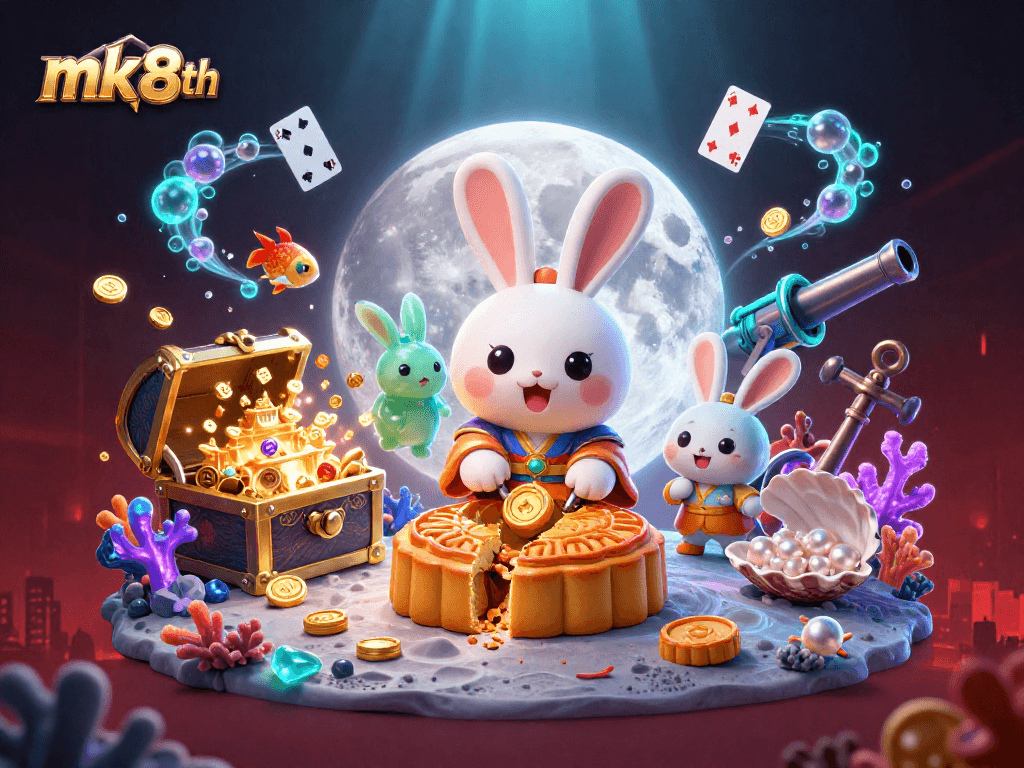 Engage in the enchanting world of mk8th as moon rabbits reveal poker chips within a vibrant lunar landscape, surrounded by dazzling treasures and gaming elements.