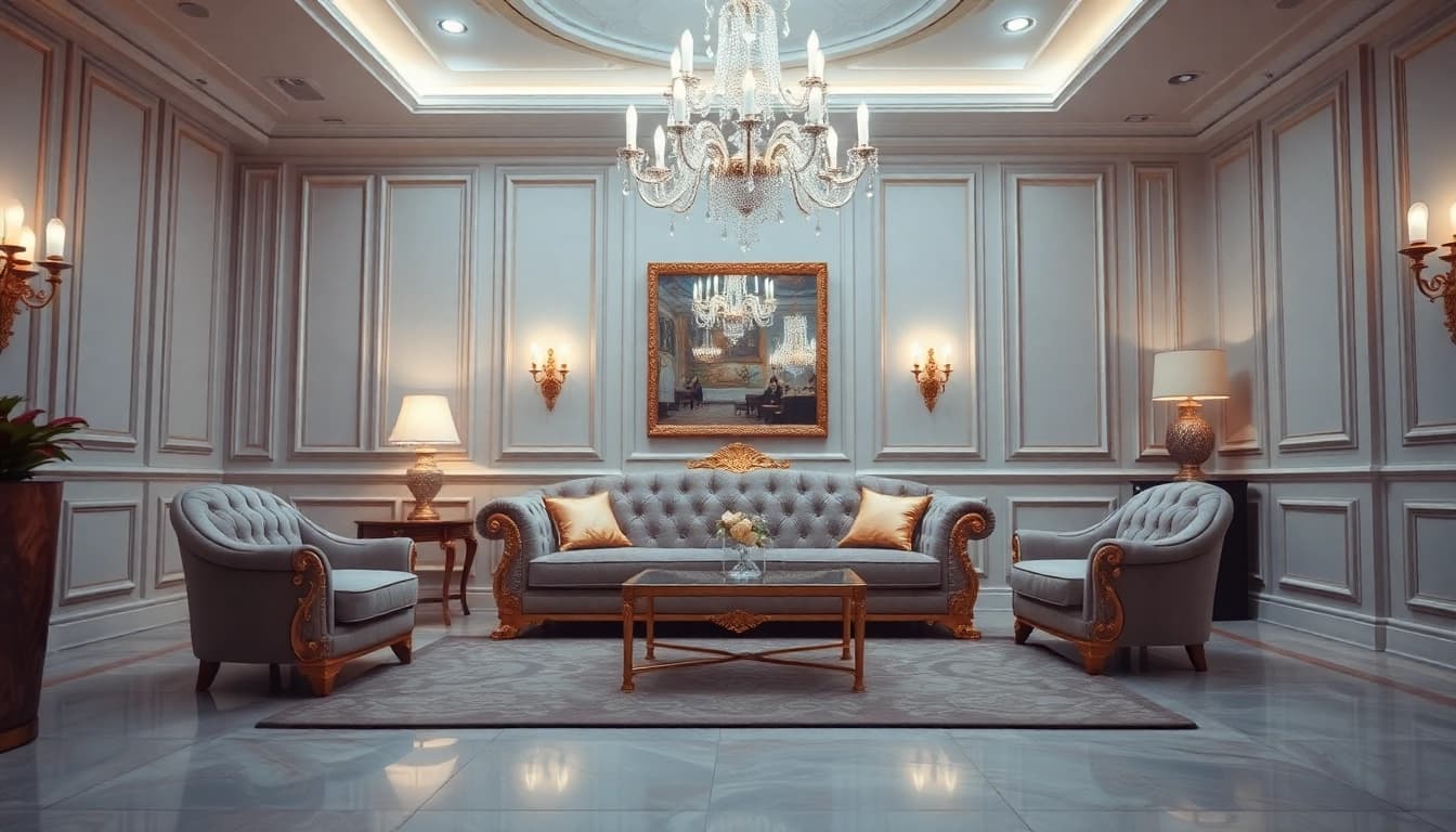 Luxury living room showcasing plush textiles and ornate decor for an elegant experience.