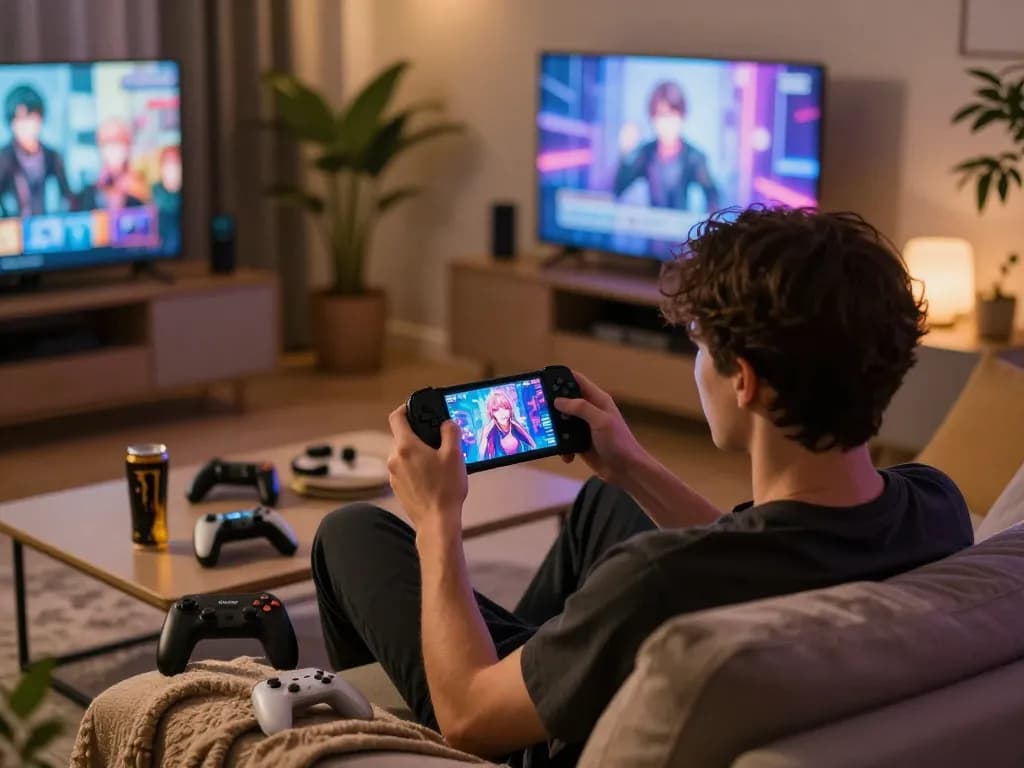 Immersive gaming experience with a sex game online on a portable device in a cozy living room.
