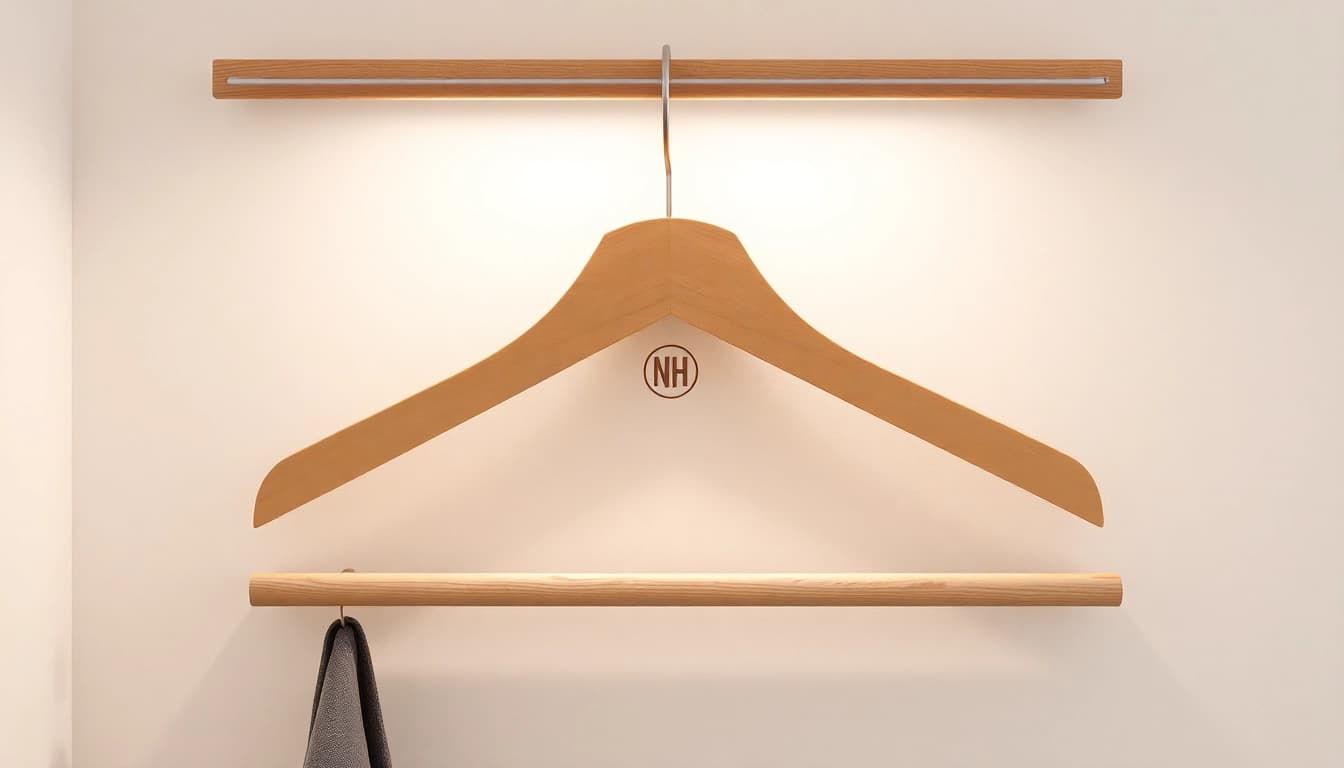 Kleiderbügel mit eigenem Logo präsentieren stilvoll maßgeschneiderte Designs aus hochwertigem Holz.