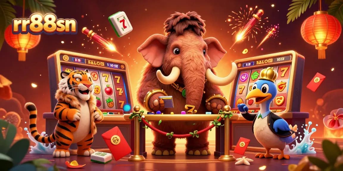 Experience lively gaming at rr88sn with our vibrant character scene featuring a cartoon mammoth bouncer and VIP guests.