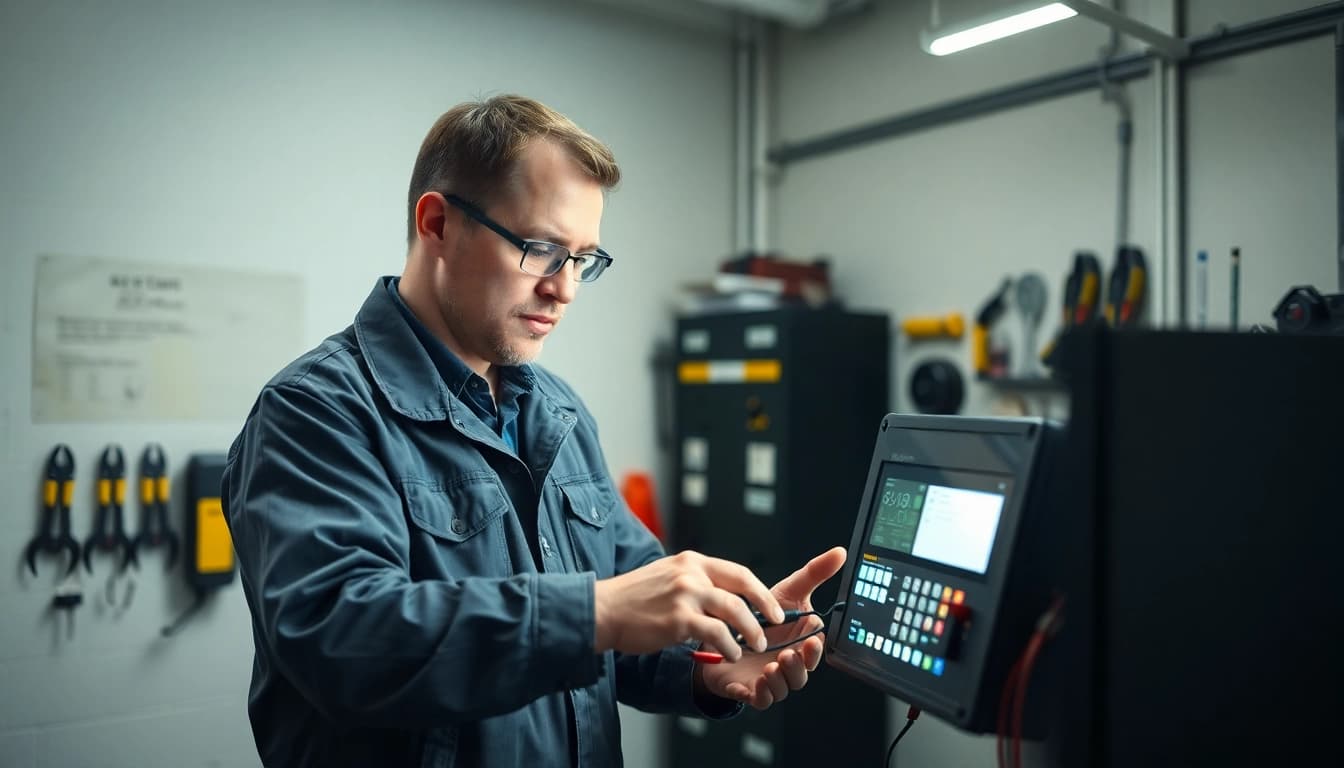 Techniker führt eine DGUV V3 Prüfung an elektrischen Geräten durch, um Sicherheit zu gewährleisten.