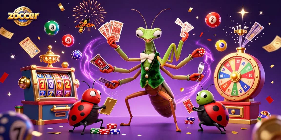 Zoccer casino illustration with a praying mantis dealer, ladybug pit boss, and slot machines, celebrating wins.