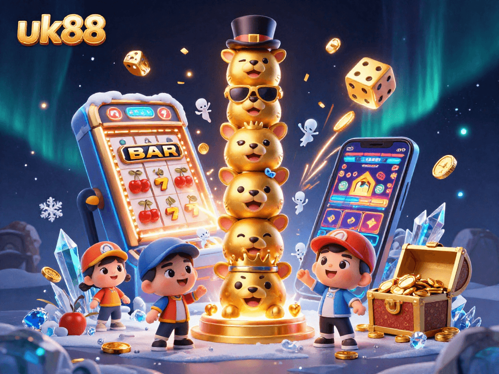 Spin the reels at uk88 with vibrant cartoons and jackpot elements capturing casino excitement.