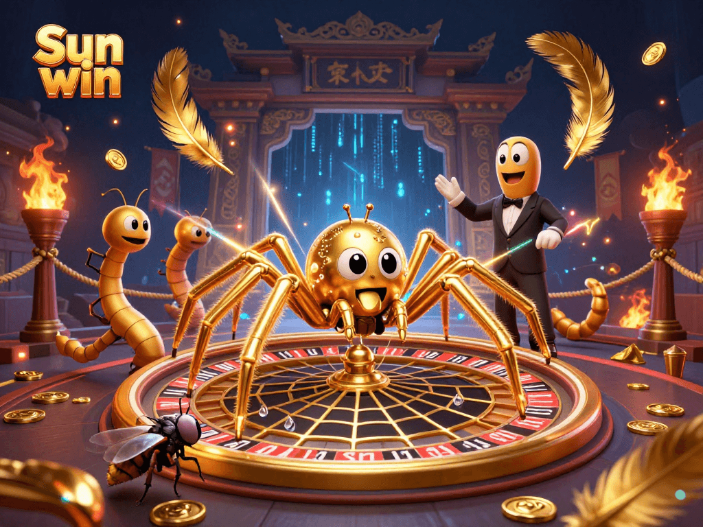 Experience thrilling bets at Sun win with a golden spider and centipede in a vibrant casino scene.