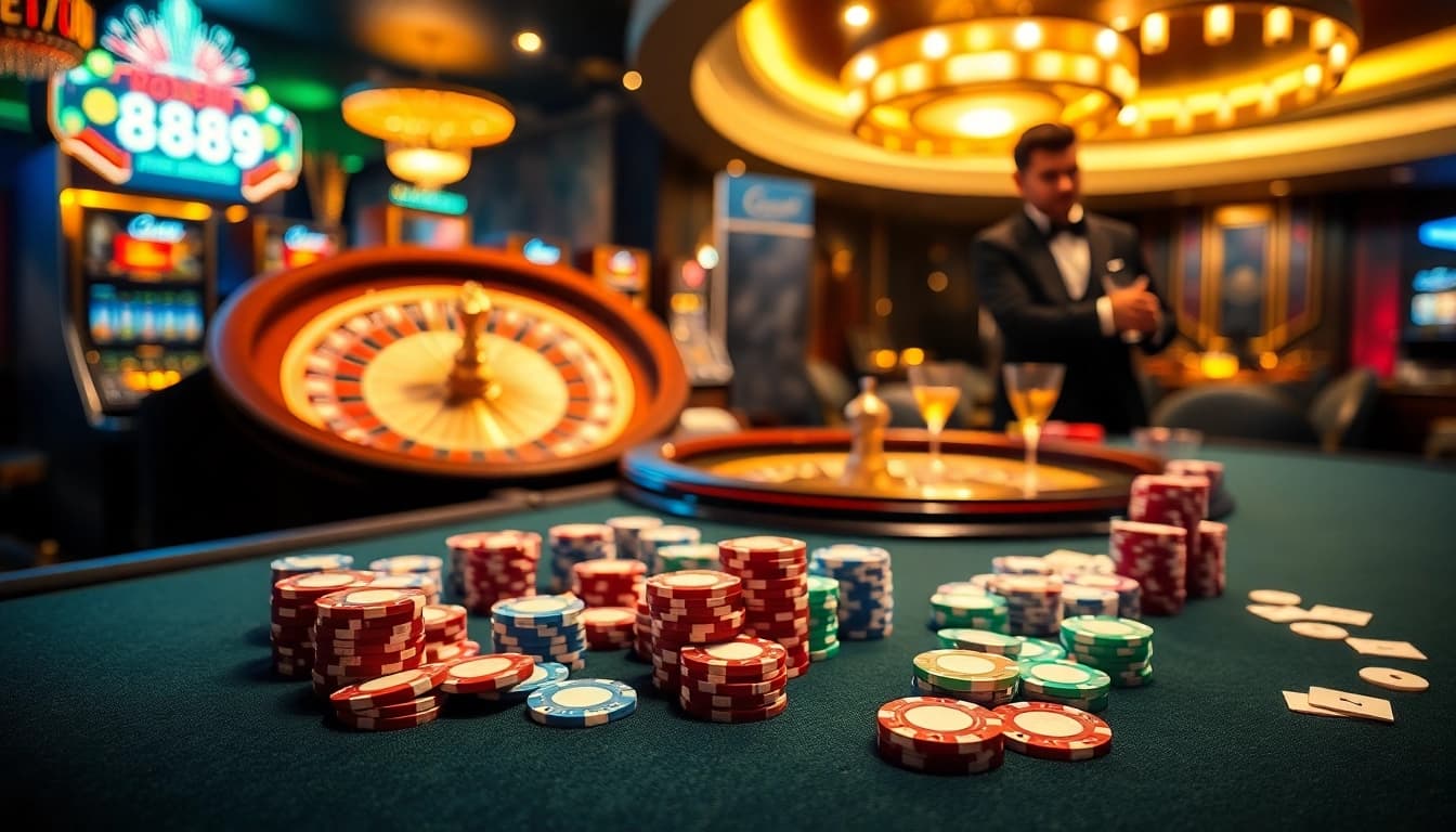 Engaging scene of gamblers enjoying their time at 888NEW casino with vibrant gaming tables and exciting atmosphere.