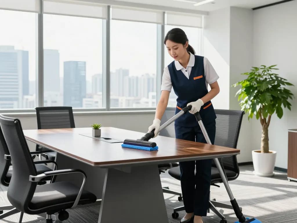 Büroreinigung für Unternehmen in Münster: Professionelle Reinigungskraft, die einen modernen Konferenzraum desinfiziert und Sauberkeit sowie Professionalität zeigt.