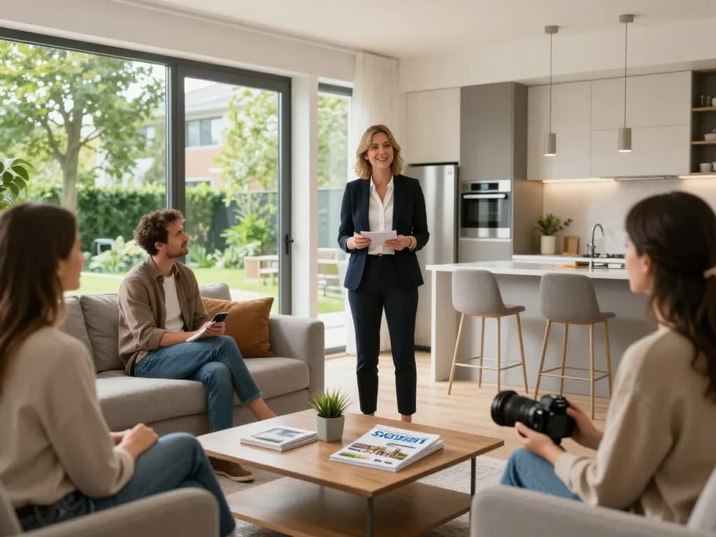 Immobilienmakler Frankfurt Preungesheim präsentiert potenziellen Käufern eine moderne Immobilie in einladender Atmosphäre.