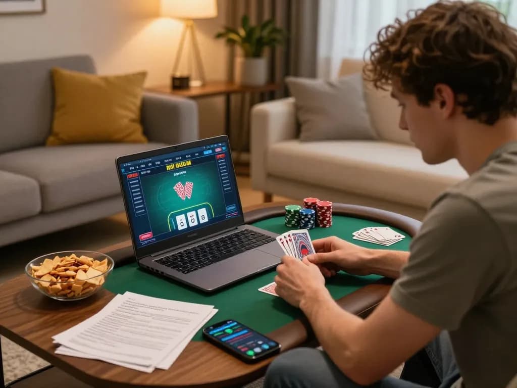 Online gambler analyzing tỷ lệ nhà cái while playing poker, cozy living room scene, responsible gaming.