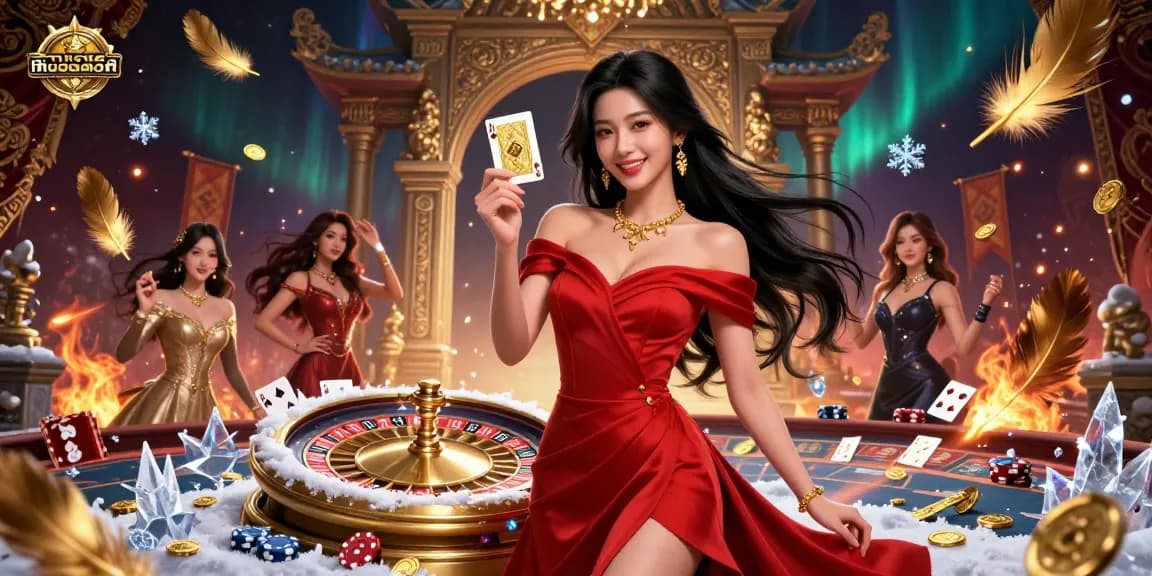 Experience ทดลองเล่นสล็อต with a glamorous scene featuring an Asian woman by a roulette wheel and gold elements.