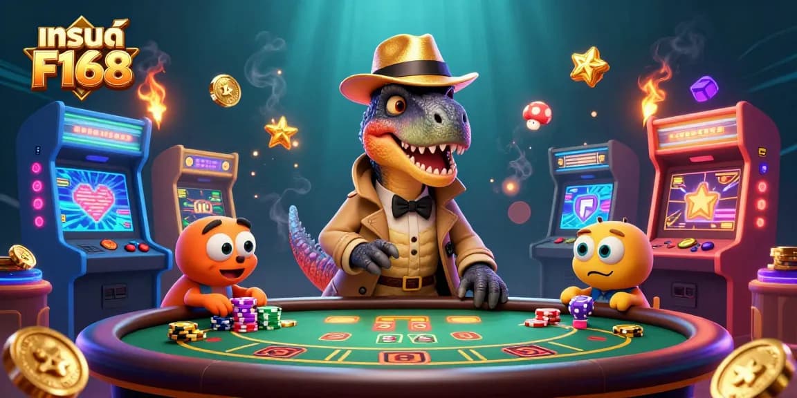 Engage in thrilling gameplay at แบรนด์ F168 with a lively casino scene featuring cartoon dinosaurs.