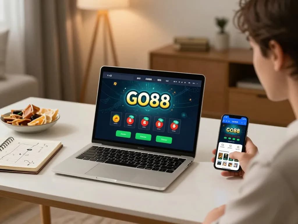Player enjoying GO88 casino game on laptop with strategic notes in cozy home setting.
