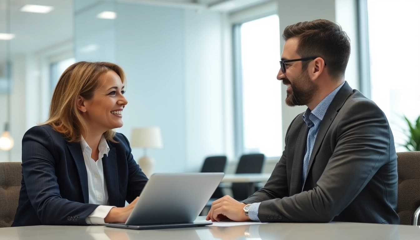 Headhunter berät Unternehmen in einem modernen Büro über Fachkräftevermittlung.
