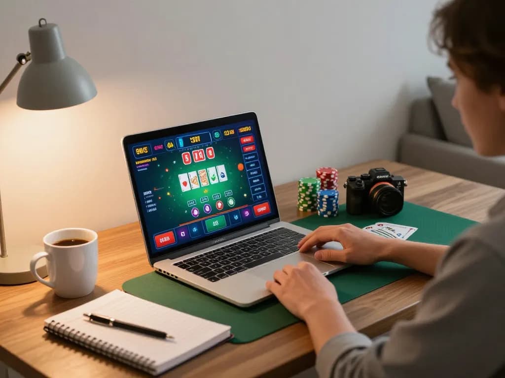 32win player engaged in strategic blackjack gameplay on laptop with ambient lighting