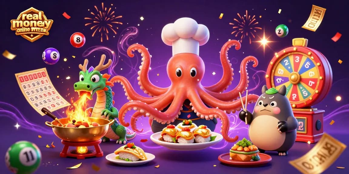 Immerse in real money online blackjack action with octopus chefs and vibrant gaming elements.