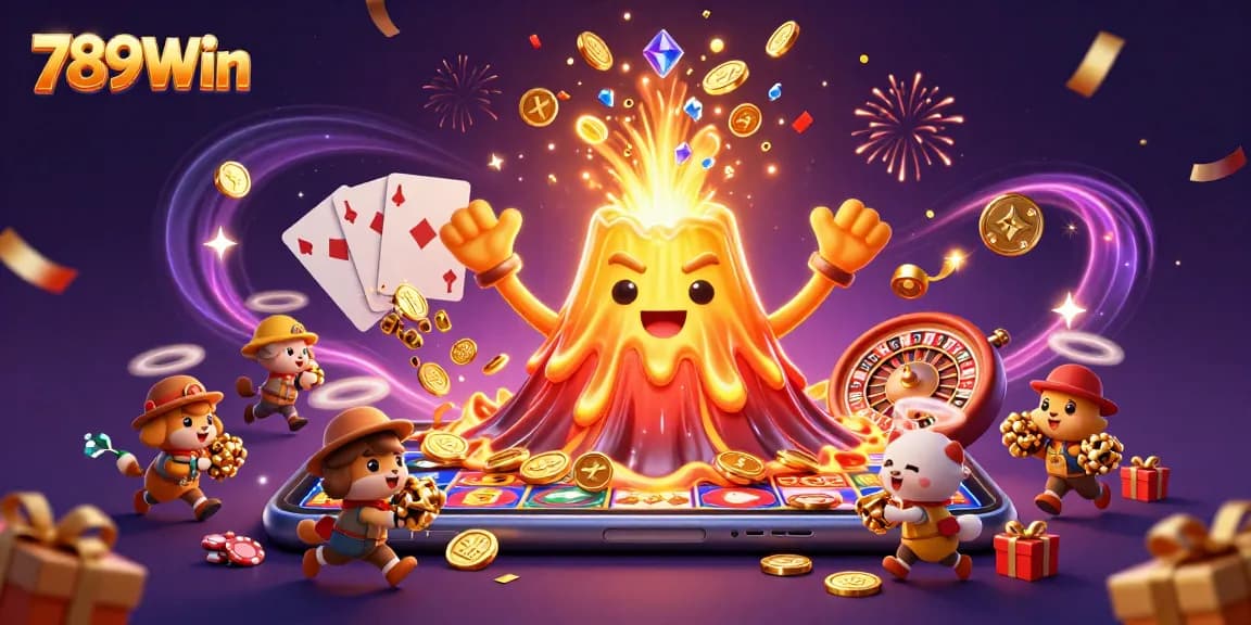 Experience the thrill of 789Win's golden volcano eruption with treasure; dynamic casino gaming illustration.