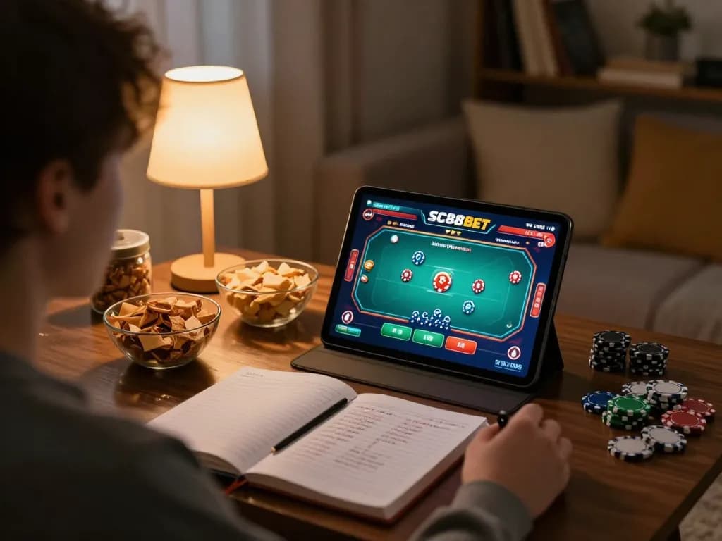 Engage in SC88 BET online gaming with vibrant poker action on a tablet at home.