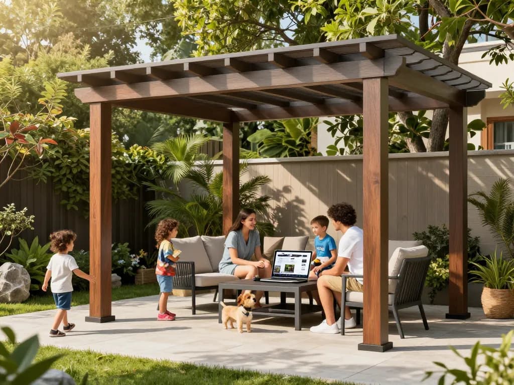Familie genießt ein Pergola 3D Design-Erlebnis in einem schönen Garten.