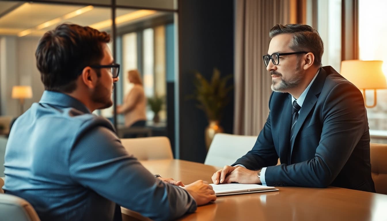 Headhunter führt ein diskretes Gespräch mit einem hochqualifizierten Kandidaten in einer modernen Büroumgebung.