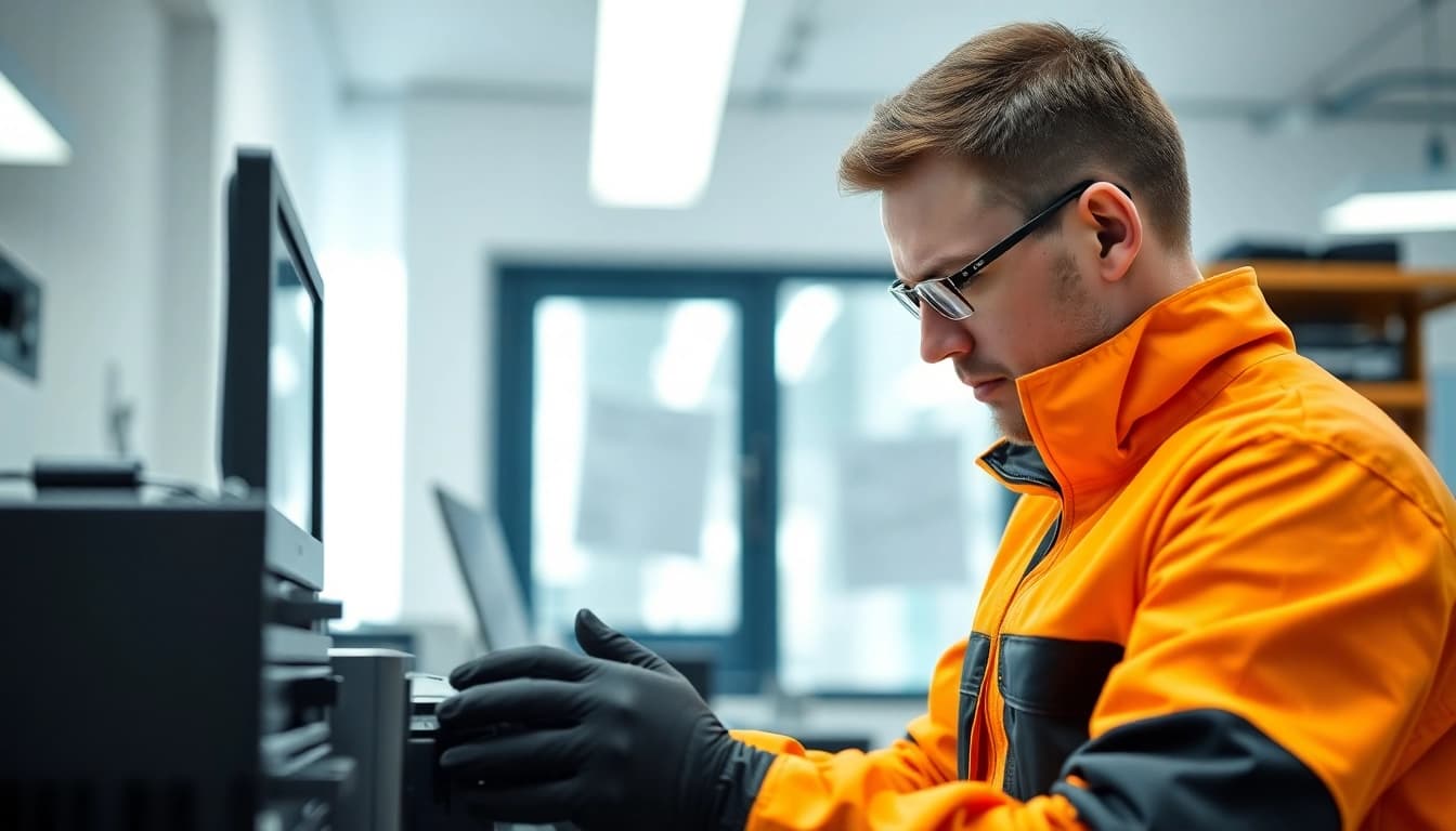 Techniker führt einen Prüfservice durch, überprüft elektrische Geräte mit modernem Equipment, DGUV V3 konform.