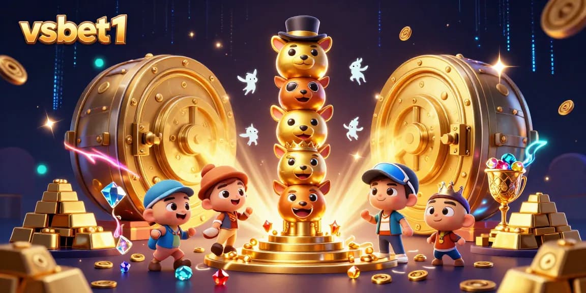 Experience the vibrant world of vsbet1 with a dynamic casino illustration showcasing a golden totem and treasures.