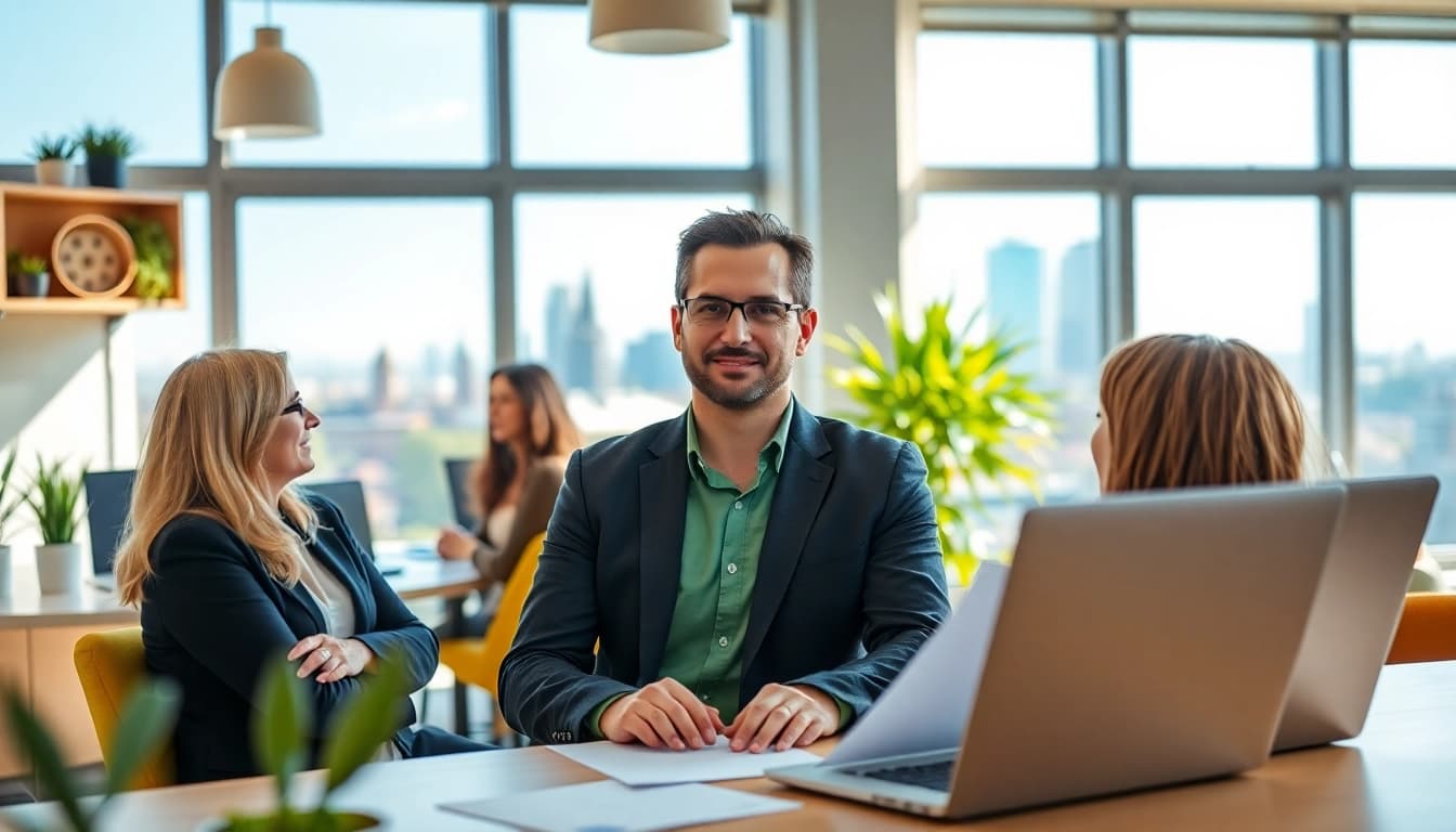 mmobilienmakler Frankfurt Riedberg steht bereit, um Kunden in einem modernen Büro zu unterstützen.