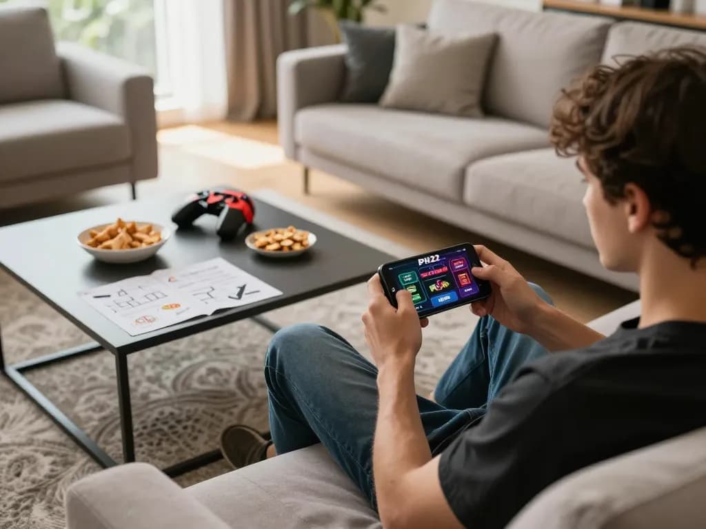 Player enjoying online gaming on PH22 smartphone in cozy home setting with snacks