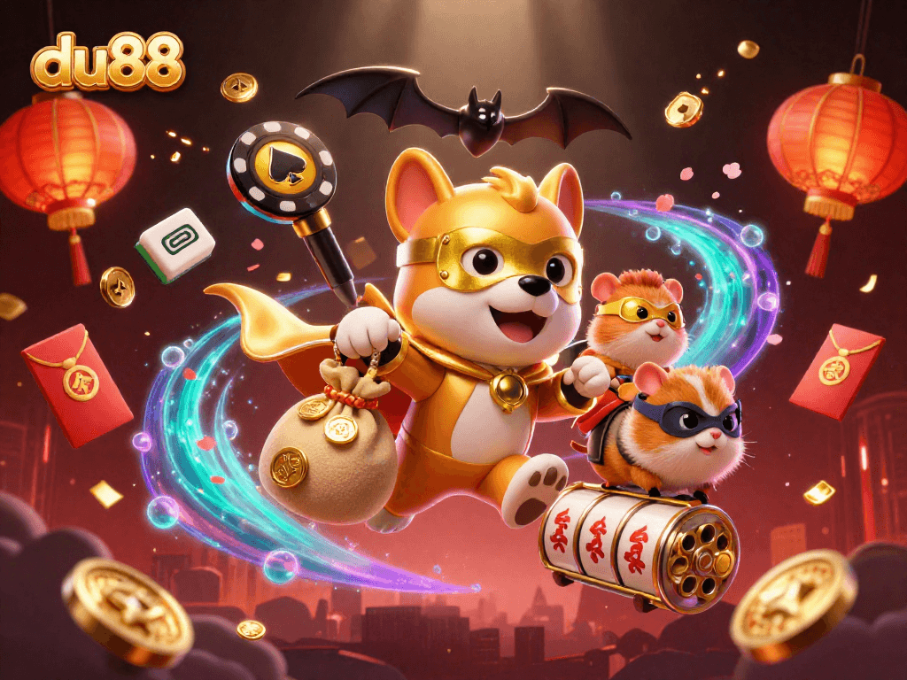 Join the du88 superhero dog and sidekick in an exciting casino adventure filled with vibrant gaming elements.