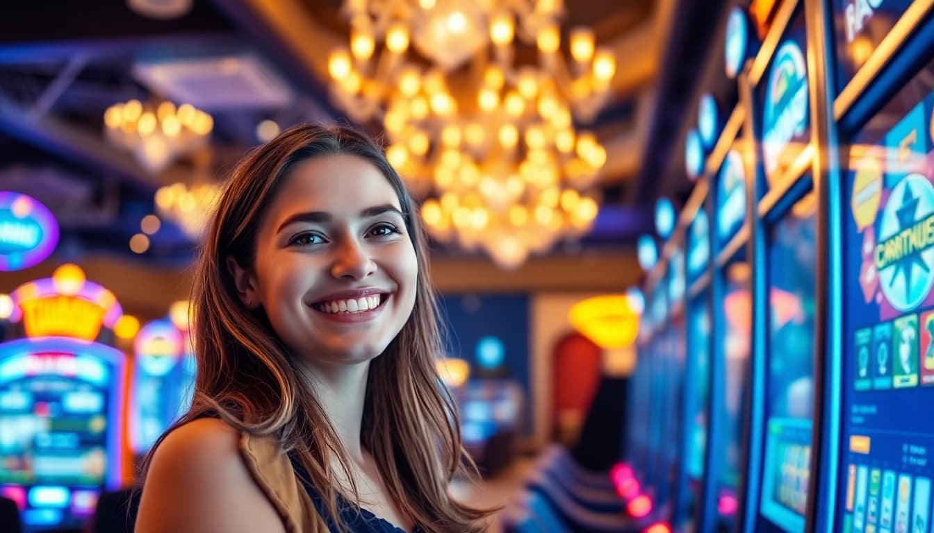 Entdecken Sie Casino Bonus Angebote in einem glücklichen Spielerlebnis mit bunten Spielautomaten und festlicher Atmosphäre.
