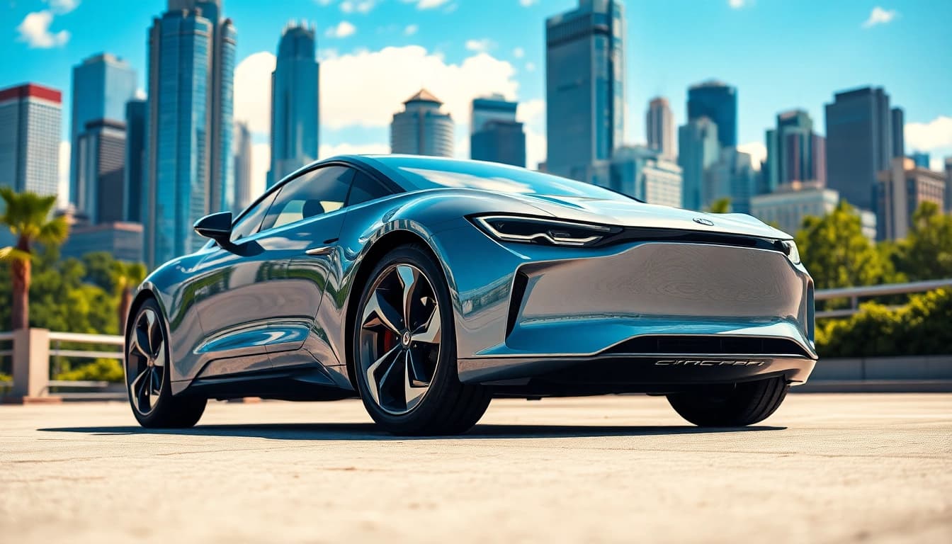 Elektroautos spielend in der Stadtumgebung mit moderner Architektur und frischer Natur.
