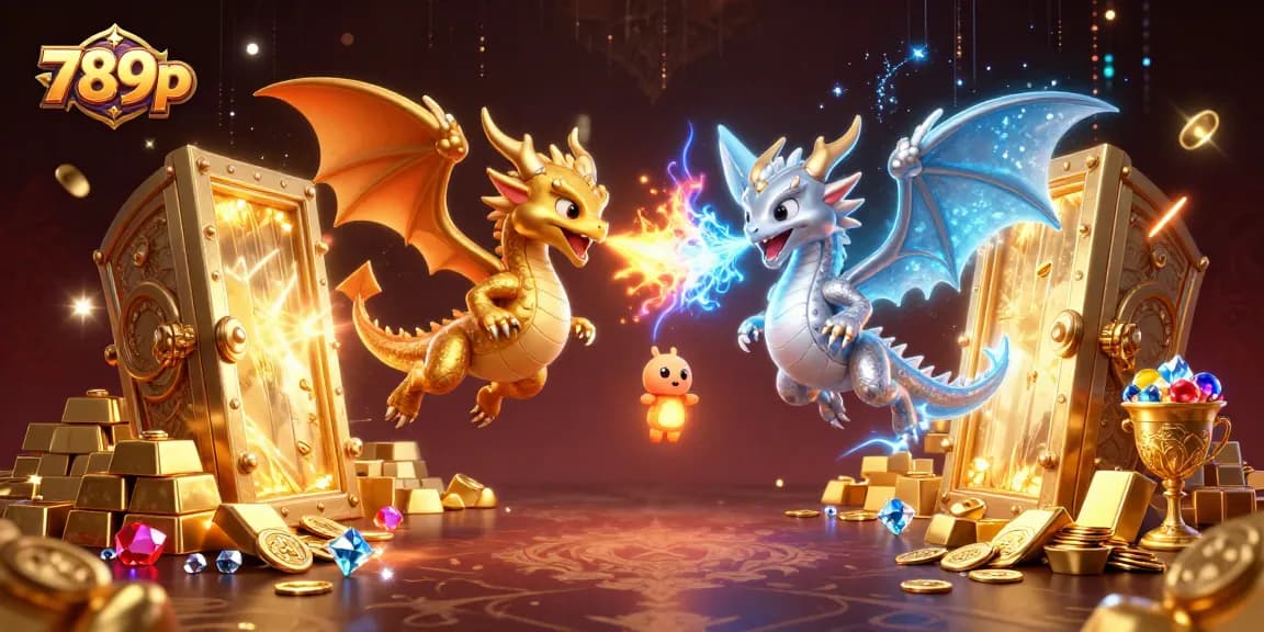 Experience thrilling action with 789p as twin dragons soar amid treasures and dynamic elements in this 3D illustration.