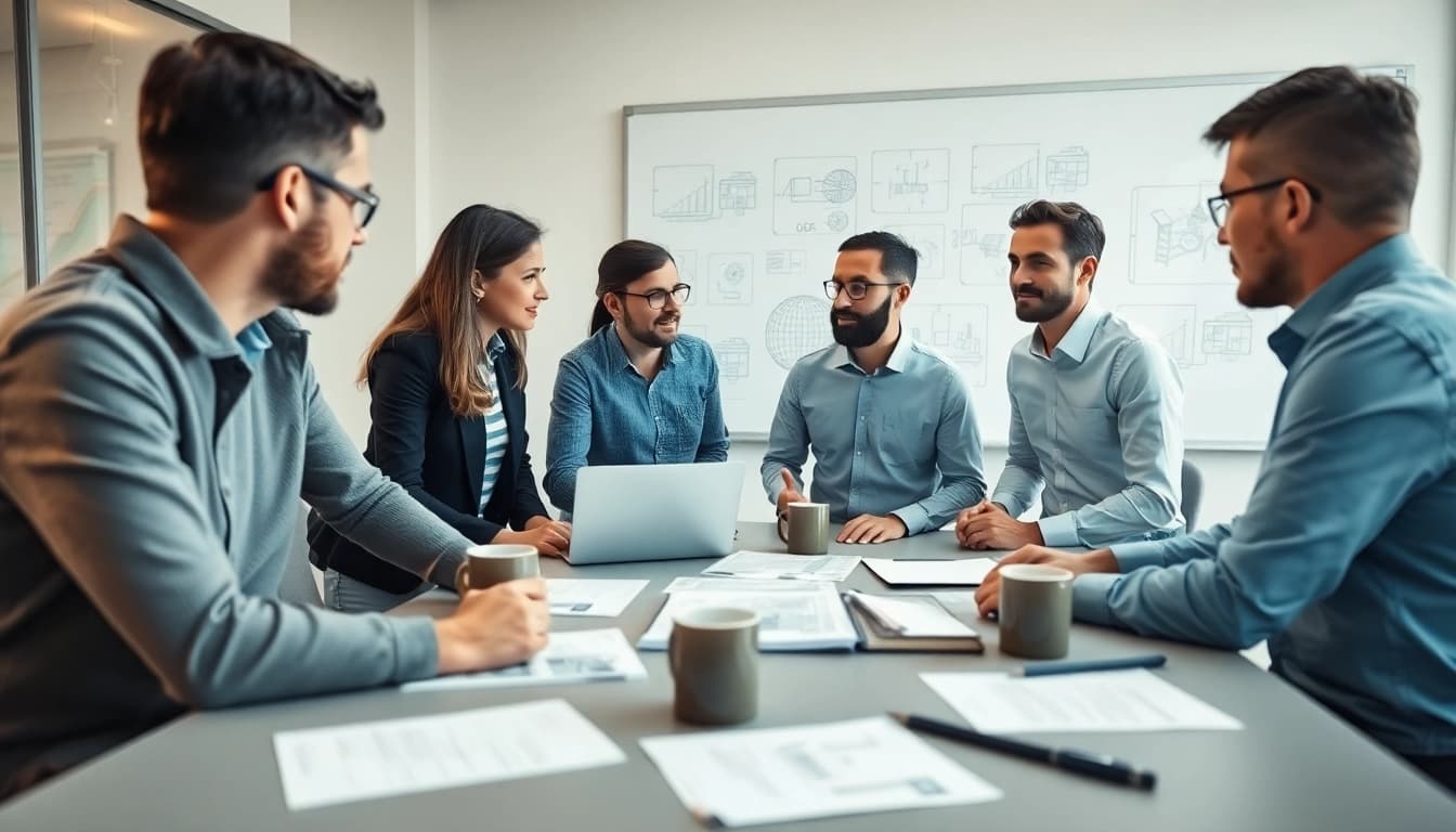 Headhunter Ingenieure discussing innovative project plans in a modern office environment.