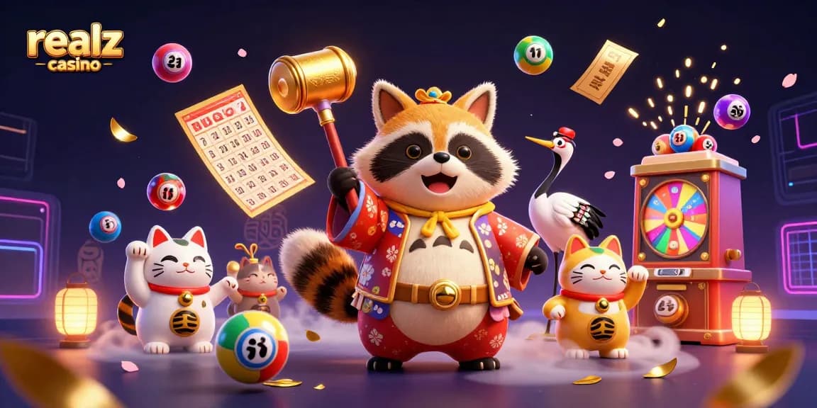 Join the excitement at realz casino with vibrant games and fun characters in a lively 3D illustration.