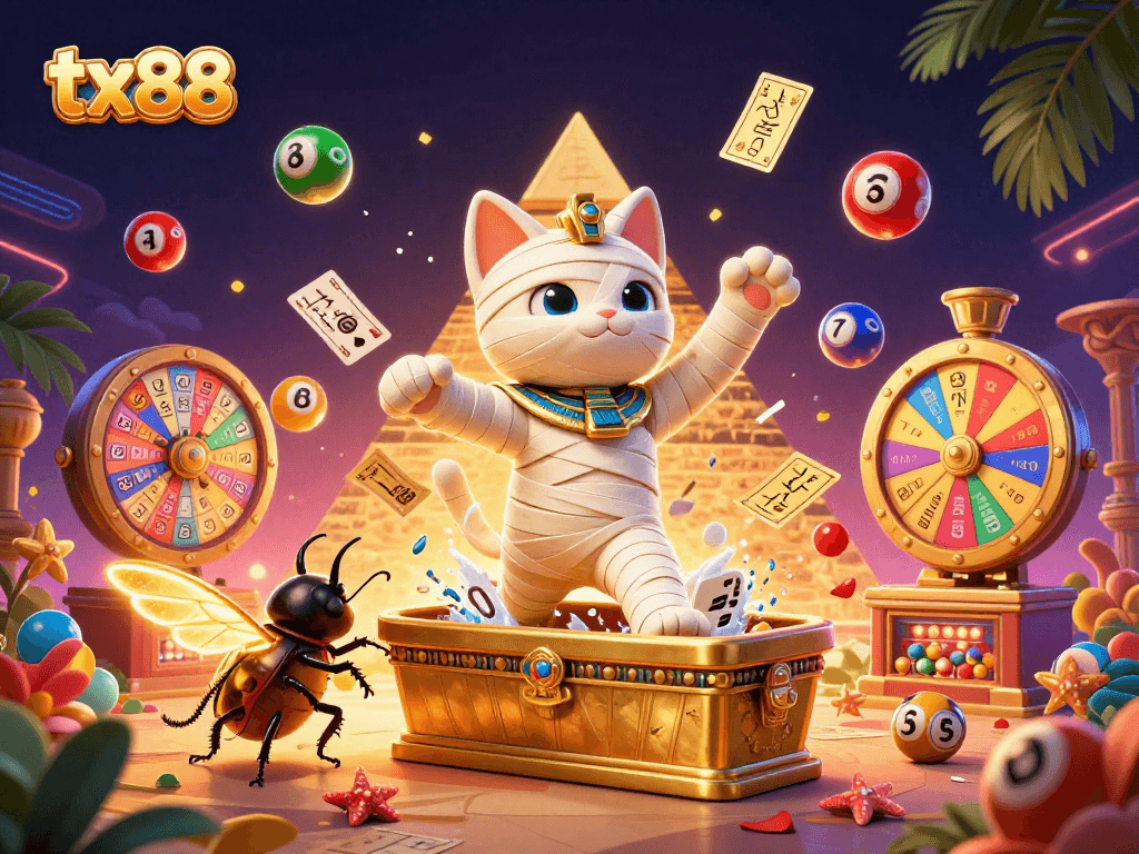 Experience thrilling games at tx88 featuring a lively Egyptian cat and vibrant casino elements.