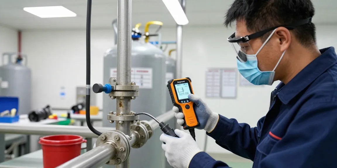 Argon-Lecksuchgerät in Aktion bei der Gaslecksuche in einer industriellen Umgebung
