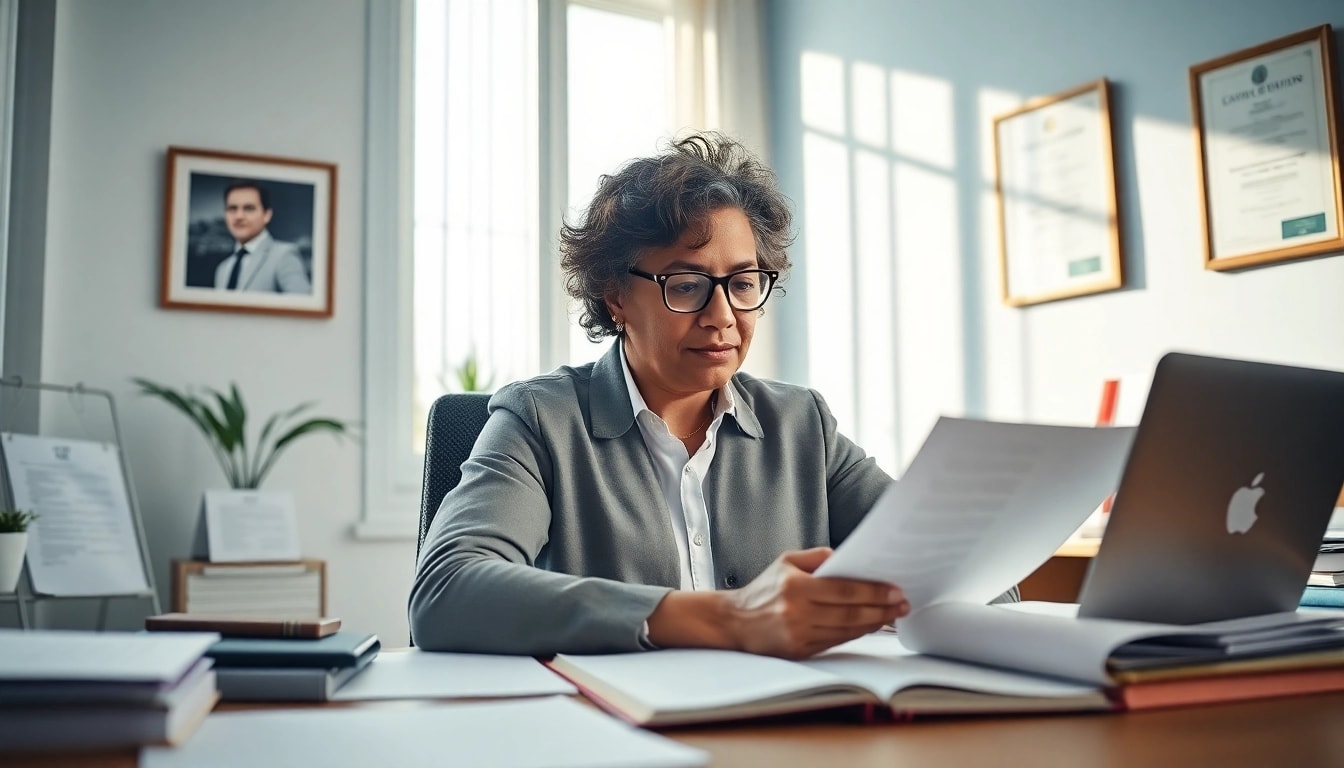 Erfahrene beglaubigte Übersetzer arbeiten professionell an offiziellen Dokumenten in einem hellen Büro.
