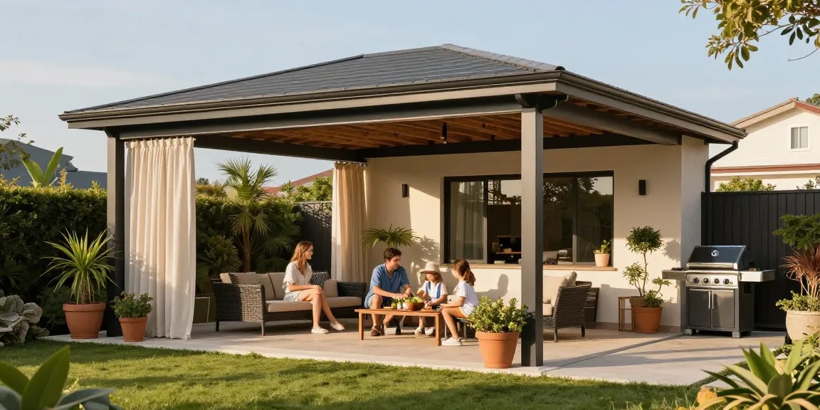 Moderne freistehende Terrassenüberdachung in einem schönen Garten mit Familie.